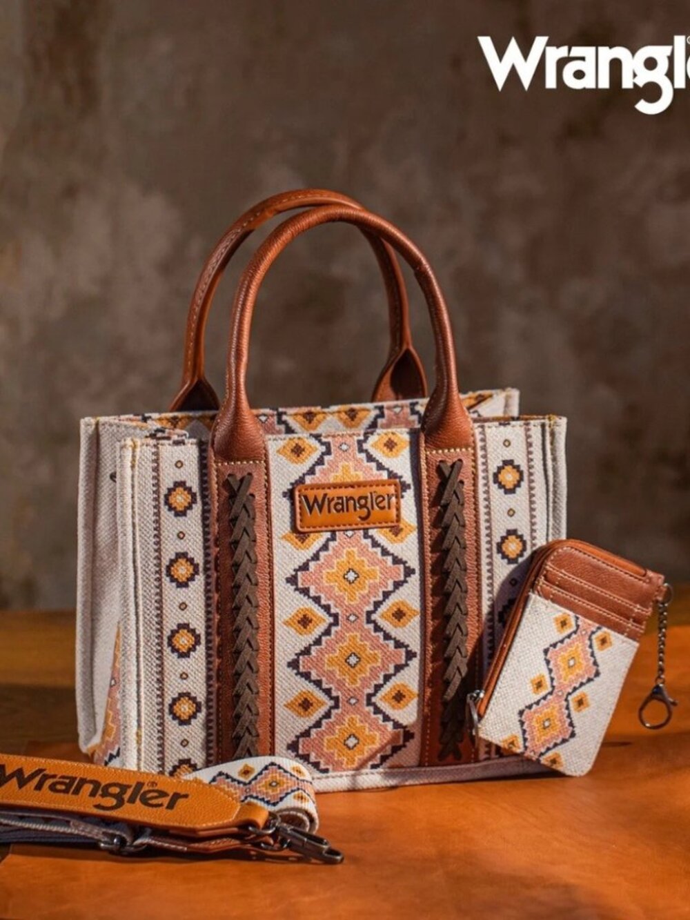 Wrangler Aztec Small Tote/Crossbody and Card Case Set 2Pc- Coffee